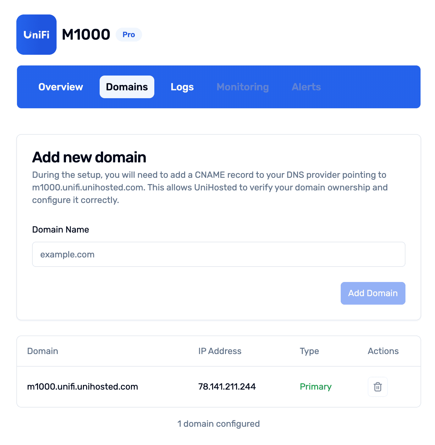 UniFi M1000 dashboard showing custom domain configuration interface with add domain form and configured domains table