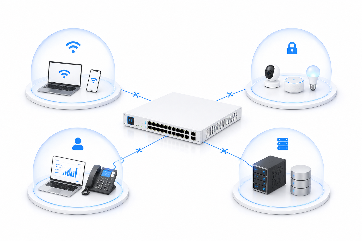 Network topology showing a UniFi switch connecting isolated devices