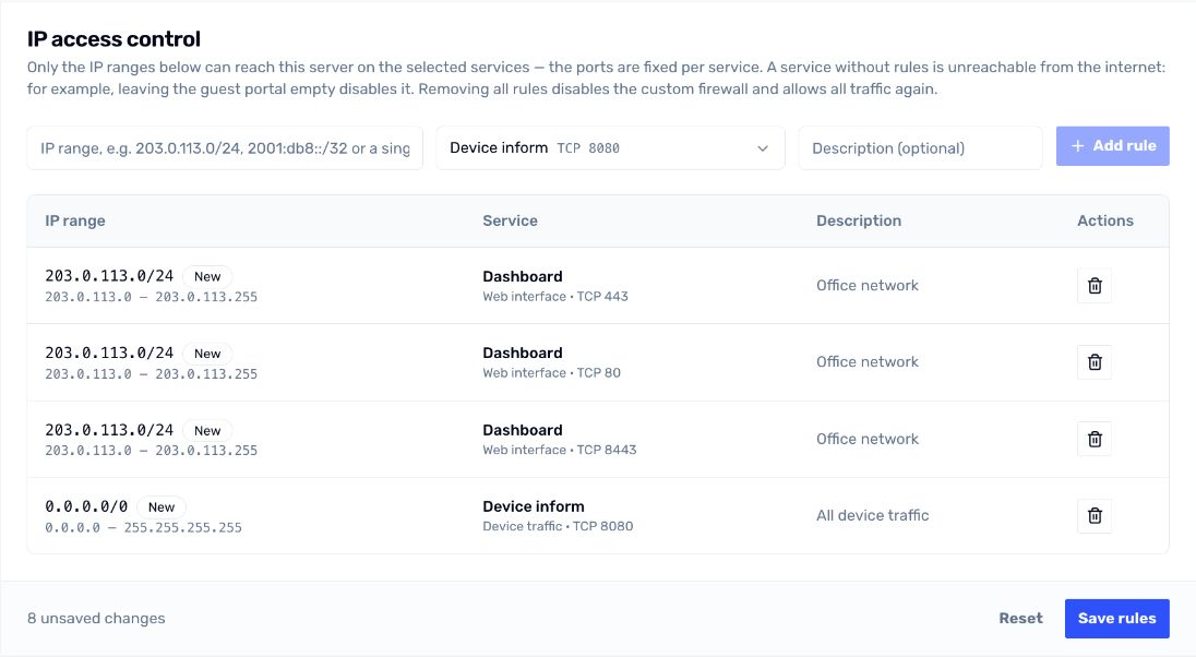 Dashboard and device inform allowlist rules